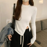 Collar Solid Color Forked Long-Sleeved Blouse Autumn And Winter New Spicy Girls Short Style Slim Irregular Long-Sleeved T-Shirt-Outfit