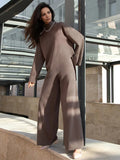 Women Knitted Two Piece Sets Solid High Collar Pullovers+Wide Legs Pants Irregular Suit 2022 Autumn Winter Fashion Loose