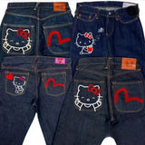 Autumn New Casual Wide-Leg Pants Street Trend Hello Kitty Printed Jeans Loose Straight Pants-Outfit