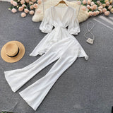 Summer Women 2 Pieces Set Purple/Green/White Elegant V-Neck Puff Short Sleeve Irregular Tops + High Waist Pants Vintage Suit