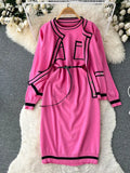 Women Fashion Knitted Two Piece Suits Long Sleeve Cardigan+Pocket Sheath Dress Suits Autumn Korean Solid Sweater