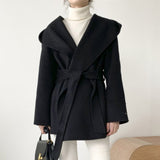 Aachoae Women Solid Color Wool Coats With Belt Long Sleeve Hoodie Pockets Coats Female Chic Elegant
