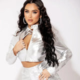 Toloer Women's Fall / Winter 2024 Fashion PU Metal Coleck Zip Coat Ladies Leather Jacket Coat-Outfit