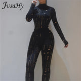 Autumn Solid Hollow Out Women's Two Pieces Sets Turtleneck Long Sleeves Crop Top And Pants Body-Shaping Matching