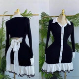 Bow Tied With Lot Of Leaves Side Of The Knitted Dress Pearl Buckle Long-Sleeved Little Scented Style
