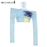 Cute Patchwork T-Shirt Two Piece Women Long Sleeve Transparent Tee And Tie Up Halter Cropped Tops Summer Kawaii