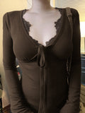 Lace Splicing Deep V-Neck Long-Sleeved T-Shirt Girl 2025 New