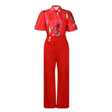 New Summer Printing Long-Sleeved Shirt Top Broad Leg Pants Fashion Set Two