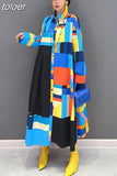 Loose Straight Midi Dresses For Women Lapel Long Sleeve Patchwork Single Breasted Print Casual Dress Female Spring