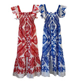 Vintage Blue Print Dress For Women Square Collar Short Sleeve High Waist Slim Maxi Dresses Female 2021 Summer