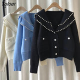 Cropped Pearl Cardigan Women Japanese Sweet Knitted Oversized Sweater Long Sleeve Top Chic Heavy Beading Sailor
