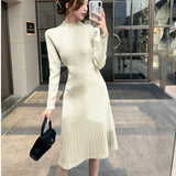 Elegant Knitted Sweater Pleated Dress Female Autumn Winter Dress Long Sleeve Office Lady Casual Slim Midi Dress 2022
