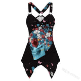 Women Tank Tops Gothic Skull Print Irregular Hem Sleeveless Shirt Summer Ladies Casual V Neck Grqaphic Tee