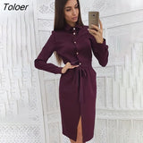 Lady Shirt Dress Fashion Slim Long Sleeve Button Sashes Turn-down Collar Midi Dresses 2022 Spring Autumn Women's