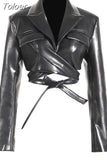 Fashion Women's Jackets Lapel Collar Slim Cross Lace Up Waist Long Sleeve PU Leather Short Coat Autumn 2023 New