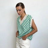 V Neck Plaid Sleeveless Oversized Knit Sweater Vest Top Elegant Vintage Y2K Jumpers Casual Loose Green Long