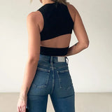 Women Casual Tank Crop Tops T-shirts Solid Color Hollow-Out Back Slim-Fit Sleeveless Crop Tops Women's Clothes-Outfit