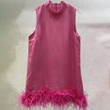 TWOTWINSTYLE Casual Patchwork Feather Hem Dress For Women Round Neck Sleeveless Solid Minimalist Mini Dresses Female Clothes