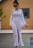 Vacation White Long Sleeve Cover Up Crochet Knitted Beach
