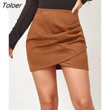 Autumn Velvet Pleated Mini Skirt Women Solid Slim High Waist Elegant Irregular Zipper Skirts Bodycon Sexy Short