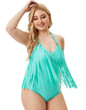 Bikini V-Neck Solid Tassel Plus Size One Piece