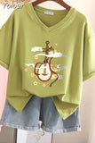 100% Cotton M-6XL T Shirt Chinese Lute Print Tshirt Short Sleeve Women's Top Summer Couple V Neck Oversized T