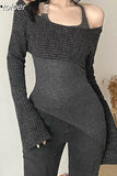 Fashion Y2k Tops Irregular Halter Off Shoulder Long Sleeve Top Grey 2 Piece Set Womens T Shirts Street Clothes