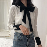 Korean Lacing Bow Sweet Women Pullovers Hit Color Basic Long Sleeve Female Sweaters Elegant Patchwork Sueter Mujer
