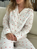 Women's Y2K 2Pcs Heart/Floral Print Pajamas Set Long Sleeve Lapel Button Up Shirt Tops+Sleepwear Pants Pjs Loungewear-Outfit