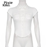 Y2k Button Up Shirts for Women Summer Blouses 2023 Girls Tight Fitted Short Sleeve Crop Tops Cardigan