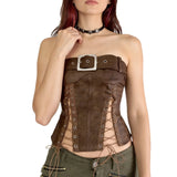 Leather Waist Strap Metal Buckle Wrapped Breasted Hottie Sexy Sleeveless Tops Street