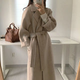 Winter New Women's Casual Woolen Blend Trench Coat Oversize Long Coat With Belt Women Wool Coat Cashmere
