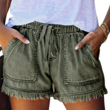 Women's Washed Denim Shorts, Casual Drawstring Elastic Waist Frayed Hem Loose Short Jeans-Outfit
