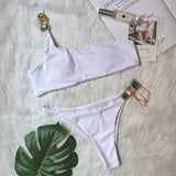 Toloer New Swimsuit Luxury Crystal Diamond Chain Female Split Swimsuit Plain Color One Shoulder Sexy