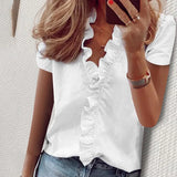 Boho Floral Print Slim Shirt Office Lady Retro Tops Women Casual Short Sleeve Sexy V-neck Ruffles Blouse 2022