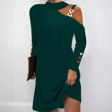 Explosion Autumn Simple Metal Buckle Hanging Neck Button Dress Women's