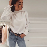 Graduation party Bow Tie Lantern Sleeve Satin Blouse Woman Casual Stand Collar Elegant Pullover Tops Office