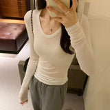 Solid Color U-Collar Slim Underwear Women's Autumn And Winter New Ins Thin Warm Long-Sleeved T-Shirt-Outfit