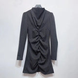 Elegant Striped Dress For Women Stand Collar Longe Sleeve High Waist Mini Dresses Female 2021 Fashion Summer