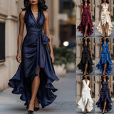 And Winter Fashion Women's High-Necked Long-Sleeved Splicing Strap To Close The Waist-Repair Temperament Solid-Colored Dress