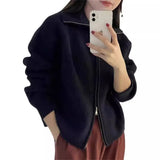 Collar Pit Strip Double-Head Zipper Knitted Cardigan Tide Autumn And Winter New Style Soft Waxy Cover Meat Shows Thin Hair-Outfit