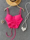 Summer Streetwear Black Soild Corset Top Backless Cami Strap Drawstring Bandage V Neck Crop Top Women 2022 Pink Tops