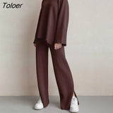 Casual Elegant Pant Sets O Neck Loose Sweater Outfit Autumn Winter 2 Piece Sets High Waist Wide Leg Pants Suits Women