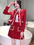Winter Fashion Plaid Red Tweed Two Piece Set Women Pearls Single Breasted Fringed Woolen Jackets Coat + Pocket Mini