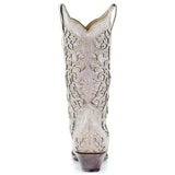 Women Autumn Winter Glitter Inlay and Crystals Boots Pointed Toe Retro Thick Heel Western Boots Shoes Elegant White Knee