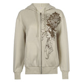 Women's Dress Ins Autumn And Winter Street Hot Girls Retro Printed Zipper Hoodie Hooded Coat Woman-Outfit