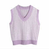 Houndstooth Knitted Vest Autumn Casual V-Neck Sleeveless Sweater Tops Winter Fashion Female Waistcoat Pullover Jumper