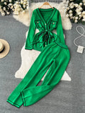 Fashion Sweater Two Pieces Sets Ladies Long Sleeve Knit Cardigan+Wide Leg Knit Long Pant Sets Women OL Knitted