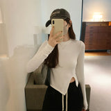 Collar Solid Color Forked Long-Sleeved Blouse Autumn And Winter New Spicy Girls Short Style Slim Irregular Long-Sleeved T-Shirt-Outfit