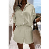 Celmia Loose Summer 2 PCS Sets Cotton Casual Lightweight Lapel Long Sleeve Shirt and Pleats Elastic Waist Short Suits Short